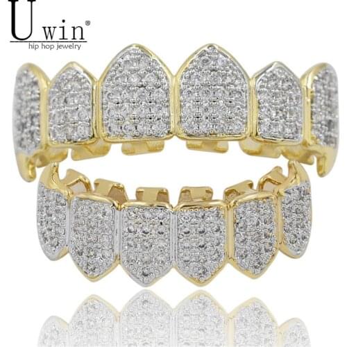 UWIN Hip Hop GRILLs Iced Out AAA Zircon Fang Mouth Teeth Grills Caps Top & Bottom Grill Set Men Women Vampire Grills Jewelry
