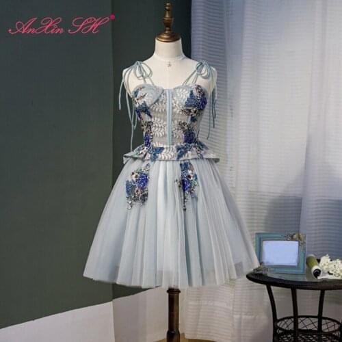AnXin SH Luxury princess grey green lace evening dress host spaghetti strap beading flower bow ruffles party short evening dress