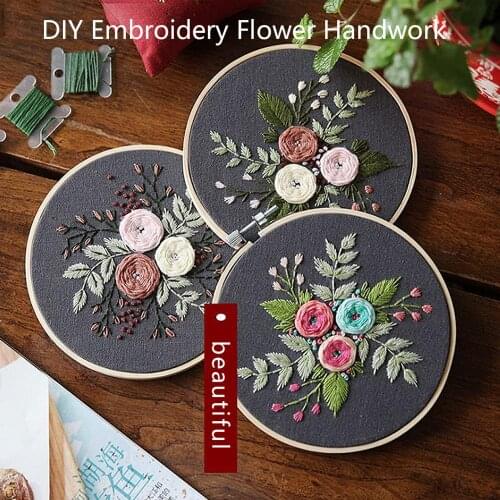 Embroidery Flower Handwork Needlework for Beginner Cross Stitch Kit Ribbon Painting DIY Embroidery Hoop Home Decoration
