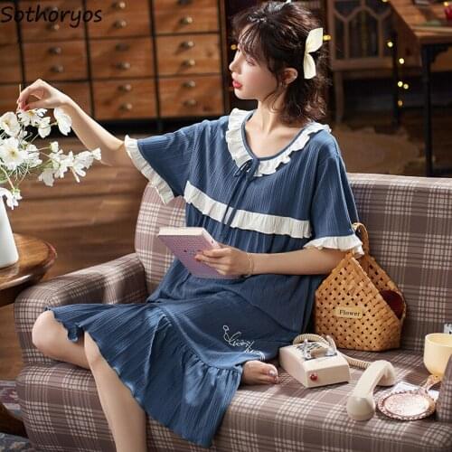 Women Nightgowns Cartoon Ruffles Patchwork Daily Comfortable Fashion Casual Korean Style Short Sleeve Female Chic Homewear Sweet
