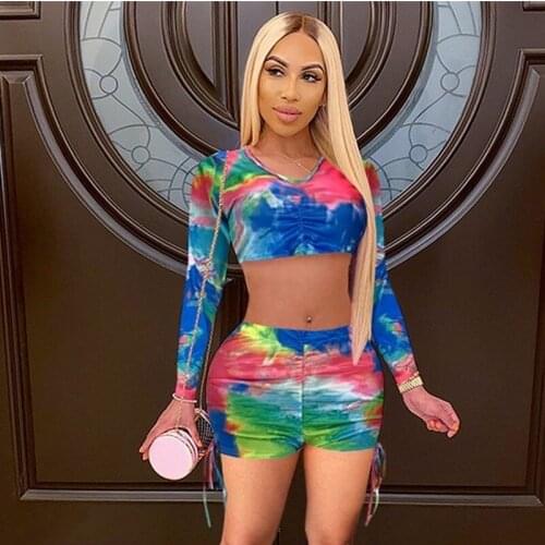 Summer Ruched Bandage Two Piece Set Streetwear Tie Dye Bodycon Vacation Outfits for Women Long Sleeve Crop Top Biker Shorts Set