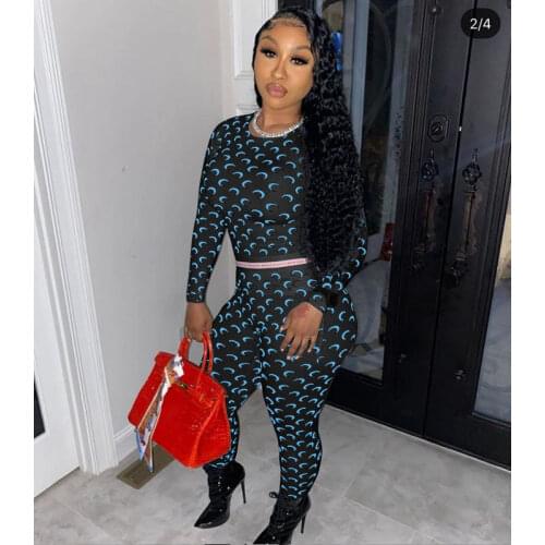 Two Piece Set Women Autumn Print Cute Pattern Sexy Long Sleeve T-shirt Top+pants Sets Club Outfits Streetwear Wholesale Items