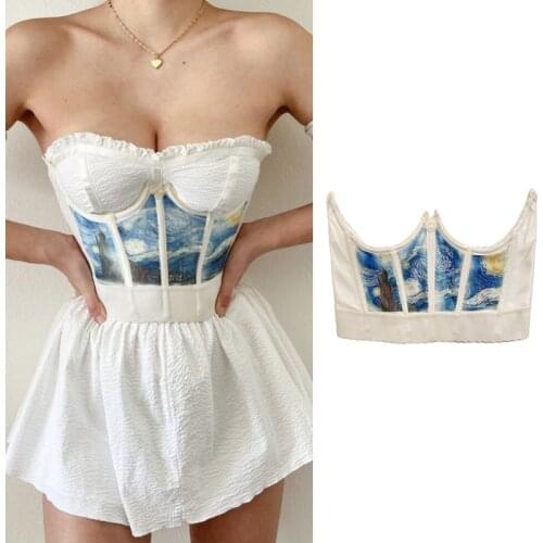 Women Sexy Underbust Bustiers Corset Vintage Art Oil Painting Starry Night Print Waist Shaper Girdle Cincher Elastic Slim Push