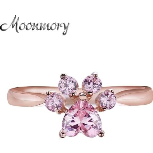 Moonmory 100% 925 Sterling Silver Resizable Animal Footprints Ring For Women Romantic Wedding Pink Crystal Jewelry Wholesale