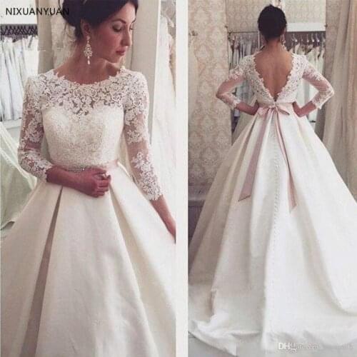White Lace Appliques Backless Wedding Dresses 3/4 Sleeves Elegant Simple Bridal Dresses Open Back Cheap Wedding Gowns