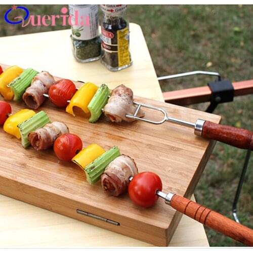 5Pcs/Set BBQ Outdoor Food Grade Stainless Steel Wood Handle Bag Roast Needle Barbecue Fork With Storage Bag BBQ Accessories Tool