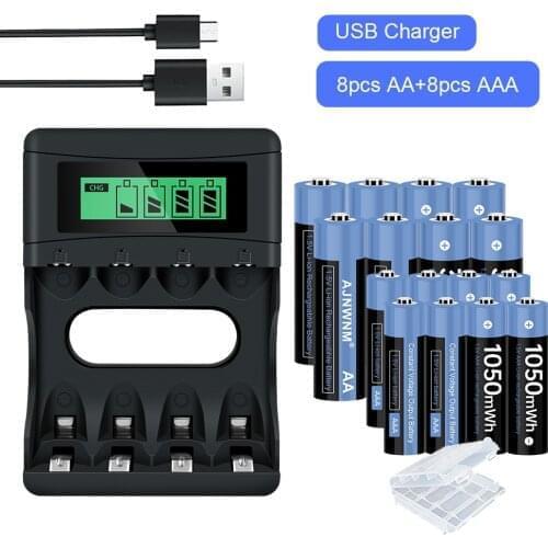 AJNWNM 1.5V AAA Lithium Rechargeable Battery 1050mWh + AA Rechargeable Battery 1.5v 3400mWh Battery AA +Charger for 1.5v AA AAA