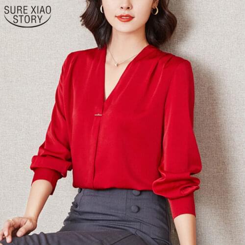 Korean Satin Blouse Office Lady Shirts Autumn 2021 Fashion 13 Colors Long Sleeve V-neck Plus Size Women Tops Loose Blusas 10853