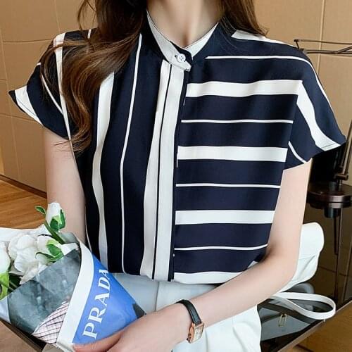 Summer Chiffon Blouse Women Irregular Striped Shirt Woman 2021 Fashion Slim Stand Collar Short Sleeve Tops Office Lady Tunic