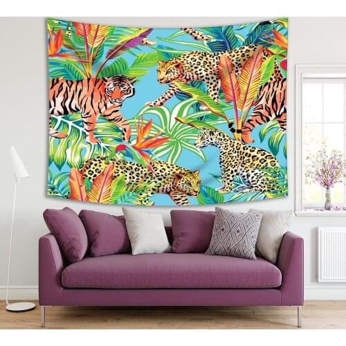 Tapestry Tiger and Leopards in Exotic Jungle Big Leaf Plants Trees Wildlife Animals Nature Artwork Blue Green Brown