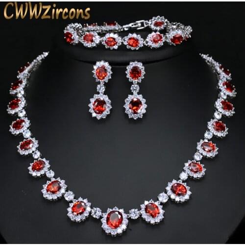 CWWZircons Sparkling Round Cubic Zirconia Luxury Big Bridal Red Necklace Earring Bracelet Set For Wedding Party Jewelry T083