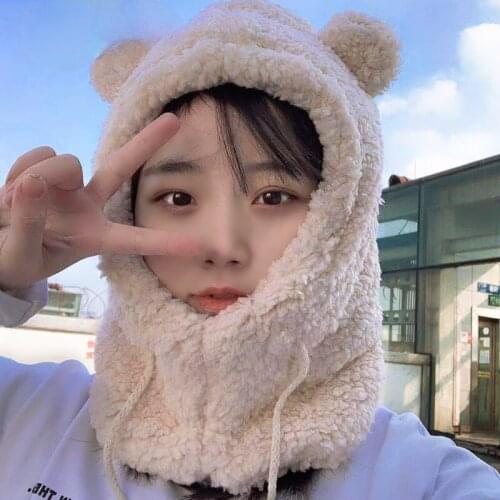 2021 New Korea Winter Loveliness Bear Warm Hat Grey Brown White 4 Color Optional Pure Cotton Wool Soft Comfort Caps for Women