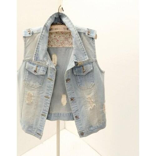 Single Breasted Women Denim Jacket Vest Short Outerwear Large Size Sleeveless Slim Hole Jeans Jacket Waistcoats Casual Tops 6XL