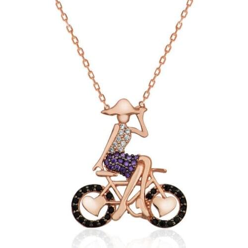 Real Silver 925 Jewelry Silver Bicycle Girl Necklace
