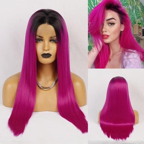 AIMEYA Long Straight Lace Front Wigs for Women Middle Part Ombre Hot Pink Wigs Cosplay Daily Wear Wig 18-24 Inches