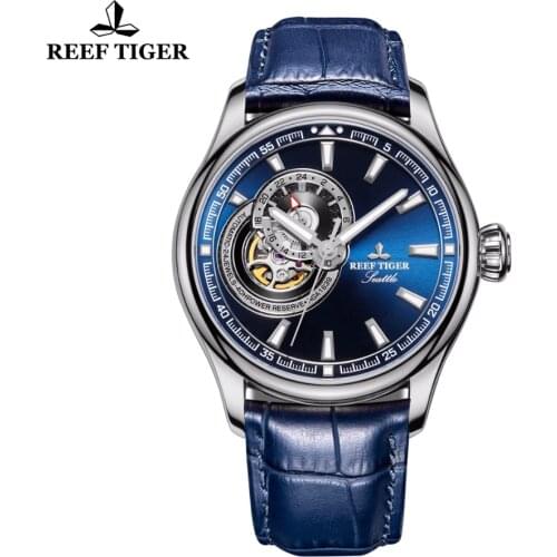 Reef Tiger/RT Causal Watch for Men Genuine Leather Strap Tourbillon Quartz Analog Wrist Watch Blue Dial Watches RGA1639