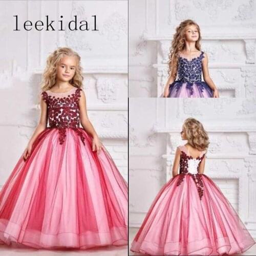 Luxury Pink Lace Appliqued Puffy Flower Girl Dress Vintage Tulle Girl Birthday Party Pageant Gown Long Formal Little Girls Gowns