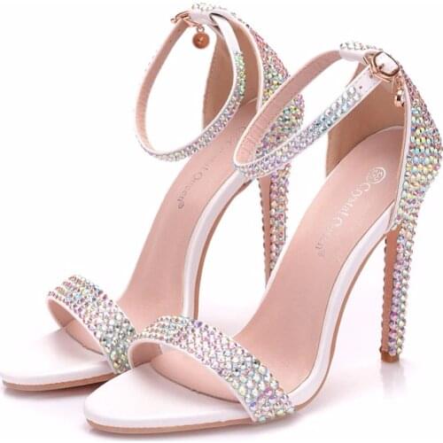 Crystal Queen Sandals High Heels Ankle Wrap Gladiator Sandal Shoes Women Stiletto Heel Wedding Rhinestone Concise Sandal Shoes
