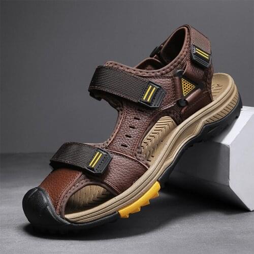 Mens Sandals Outdoor Slip on Casual Shoes Big Size Non Slip Genuine Leather Hiking Sport Walking Trekking Beach Slippers