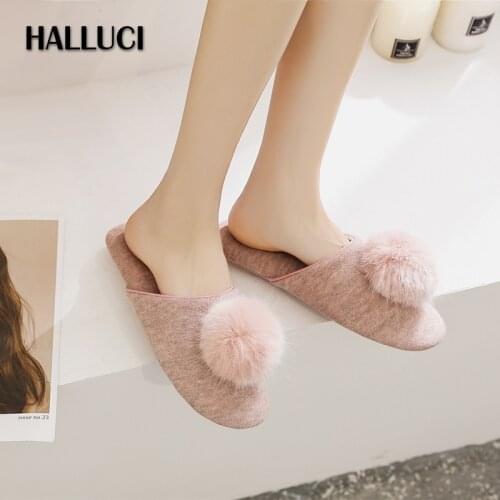 Sweet pompon home slippers women skidproo home shoes cute cotton slides breathable soft indoor simple quiet slippers woman