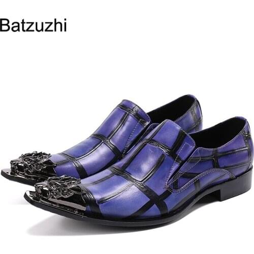 Batzuzhi Mens Shoes Italian Type Metal Pointed Toe Blue Genuine Leather Dress Shoes Men Party & Wedding Zapatos Hombre
