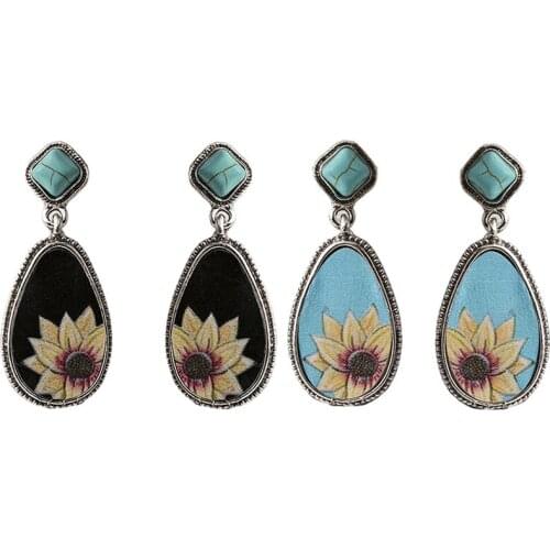 Vintage Thai Silver Sun Flower Dangle Earring Retro Natural Green Stone Earrings For Women Fashion Boho Statement Jewelry