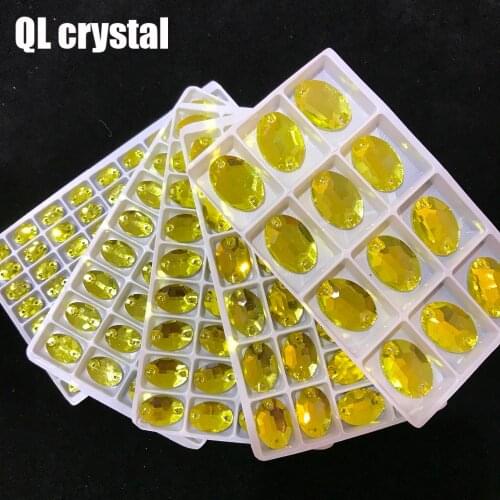 ALL Size Lemon Yellow Oval Sew On Crystal Rhinestones Flatback with 2 holes for Making wedding dress bags shoes accessories