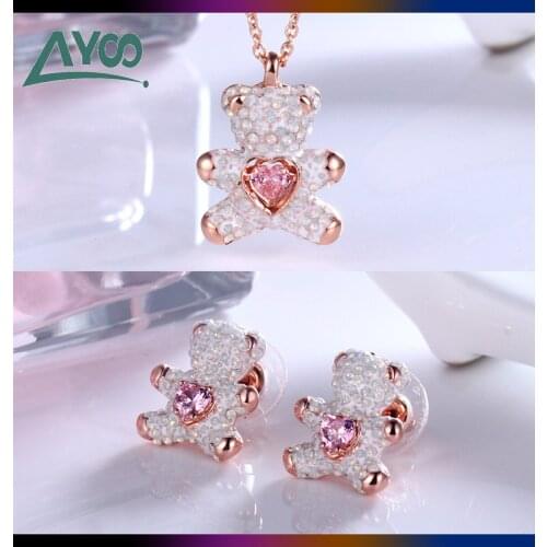 SWA Fashion Jewelry Charming Original 1:1 Cute Childlike Bear Crystal Pendant Necklace Earring Set Luxury Jewelry Gift For Women