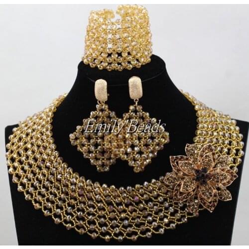 Plain Gold Crystal Beads Jewelry Set Costume Nigerian Wedding African Jewelry Set Bridal Choker Necklace Free Shipping ALJ495