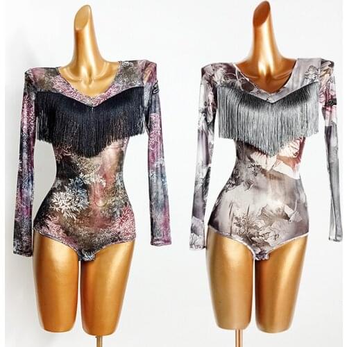 Women Latin Dance Clothes Fringed Tops Mesh Flower Print Leotards Adult Latin Practice Wear Samba Salsa Ballroom Shirt VDB3037