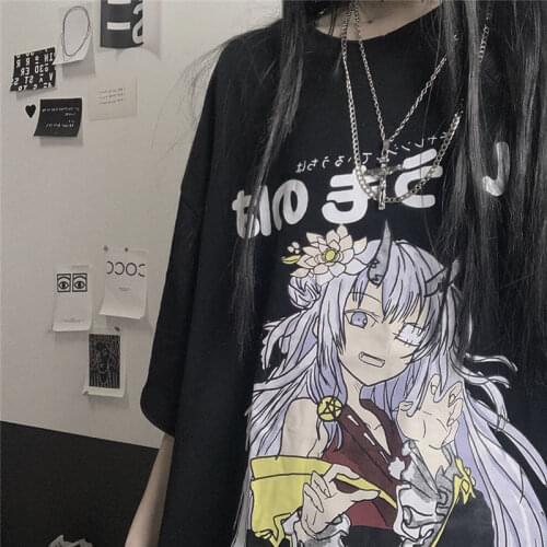 Women Anime Graphic T Shirt Summer Short Sleeve Tshirt Harajuku Kawaii Clothing Korean Clothes for Girl Tee Top Purple 2021