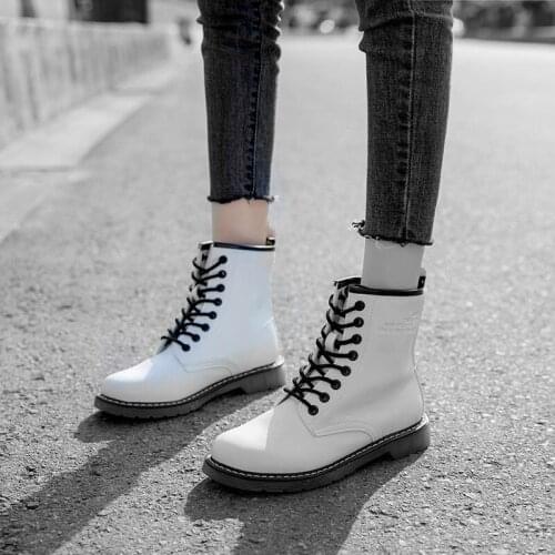Women Lace Up Motorcycle Boots Round Toe Pu Leather Jason Martins Boots White Shoes Ladies Combat Military Snow Boots