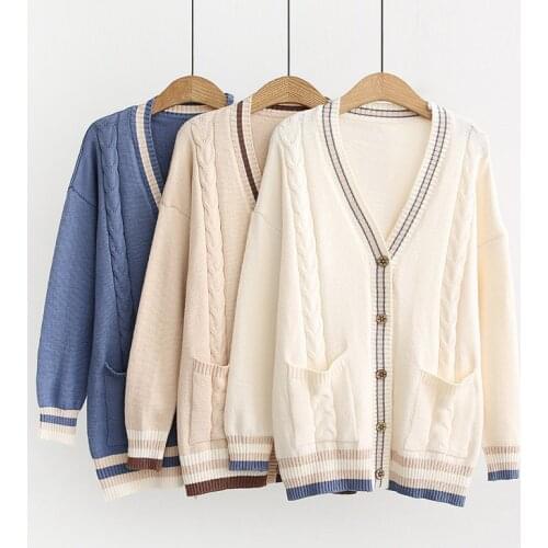 2020 Women Knit Cardigans V neck Button Up Cartoon Sweater Jumpers V neck Long Winter Chic Cardigans Open Stitch Korean