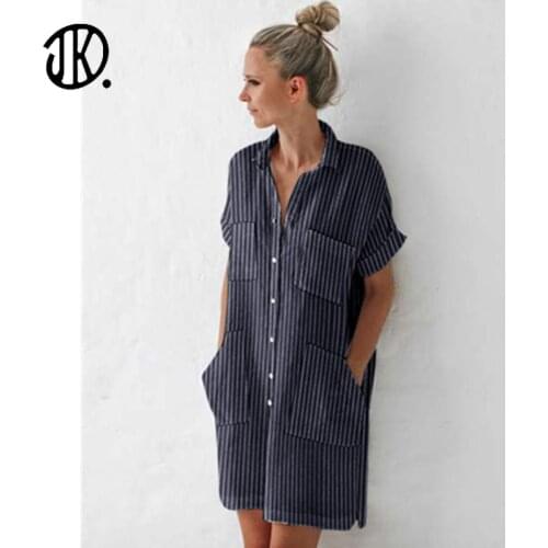 2021 Lady Elegant Shirt Dresses Summer Short Sleeves Striped Knee Length Casual Vestido Turndown Collar Loose Sundress For Women