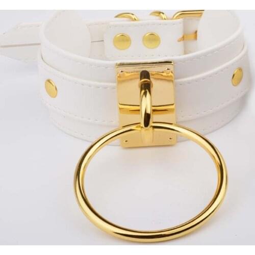 Handmade White Leather Collar for Women Men Girls Oversized Layered Choker Gold Metal Punk Necklace