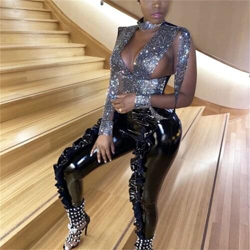 Echoine Wonen PU Leather Pencil Ruffle Pleated stacked Pants Skinny Bodycon Sexy Womne Pants High Waist Black PU Trousers Club