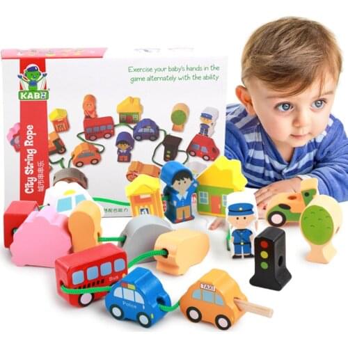 Wooden Cartoon Animal Traffic Character Block Toys Montessori Stringing Threading Beads Game Educational Toy for Children