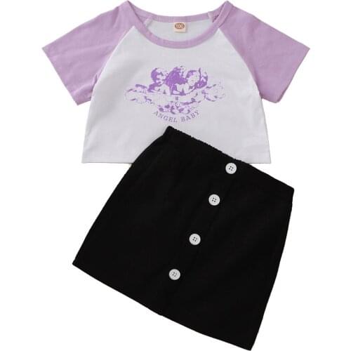 Kids Girls Fashion Cotton 2-Piece Outfit Set Short Sleeve Angel Letter Print Tops+Skirt Set For Children Girls Trend Fashion