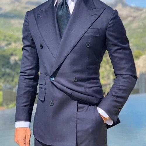 Double Breasted Men Suits Navy Blue Groom Tuxedos Peak Lapel Groomsmen Wedding Best Man 2 Pieces ( Jacket+Pants+Tie ) D38
