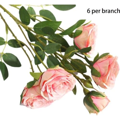 6 Heads Artificial Silky Rose Flowers Fake Green Leaves Vintage Bridal Wddding Bouquet Home Garden Party Decoration W0YA