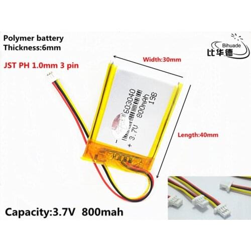 JST PH 1.0mm 3 pin 3.7V,800mAH 603040 Polymer lithium ion / Li-ion battery for tablet pc BANK,GPS,mp3,mp4