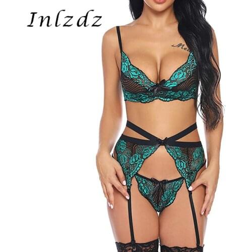 3Pcs Womens Erotic Lingerie Set Ultra-thin Floral Lace Lingerie Set Deep V Neck Bra Top with Garter Belt and G-string Briefs