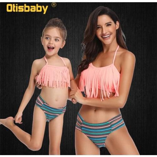 Summer Beach Fancy Girls & Womens Tassel Backless Swimwear Vintage Stripe Swimming Trunks Mom and Kids Family Matching Swimsuit