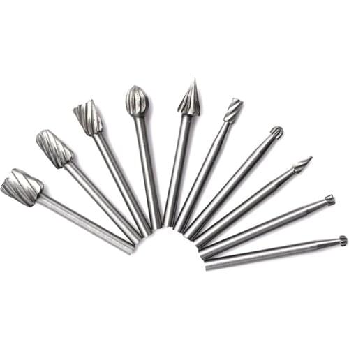 10pcs HSS Tungsten Carbide Rotary Cutting Burr Set Grinder Bit 1/8 inch (3mm) Shank Woodworking Carving Tools