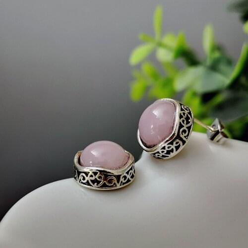 Delicate Pink Round Stone Stud Earrings for Women Girl Sweet Thai Silver Color Carved Circle Earrings Ear Accessory