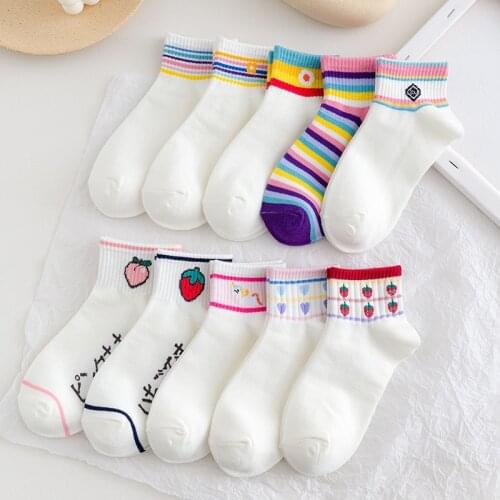 1 Pair Socks Rainbow Striped White Spring Summer Thin Short Sock Cute Strawberry Women Sneaker Tide Cotton Shoe Socks Sox Prints