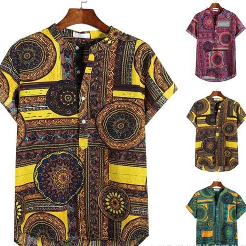 2021 New Fashion African Clothes for Man Cotton Geometric Print T-Shirt Male Loose Casual Mens Short-Sleeved Beach Shirts