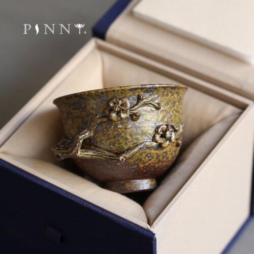 PINNY 75ml Retro Handmade Plum Teacup Ceramic Master Cup Gift Package Chinese Kung Fu Tea Accessories Engraving Drinkware