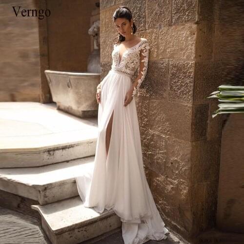 Verngo Simple A line Lace Wedding Dress Long Sleeves V Neck Backless Bohemian Bridal Gowns Side Slit 3D Flower Bride Dress 2021