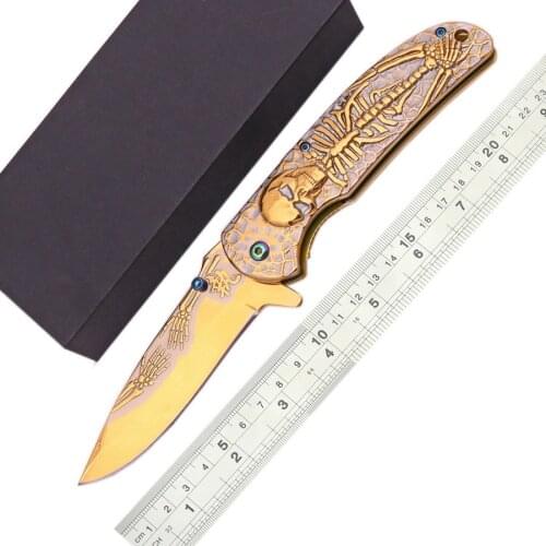 GODFUR Color gold skeleton gift knife 5cr13mov blade steel handle outdoor camping hunting survival pocket fruit knives EDC tools